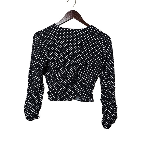 Free People Women's Black & White Polka Dot Button Up V-Neck Long Sleeve Blouse - Picture 5 of 5